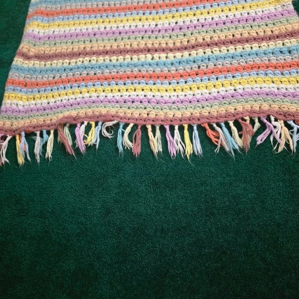 Handmade Rainbow Crochet Afghan Throw Blanket With Fringe Pastel Cottagecore